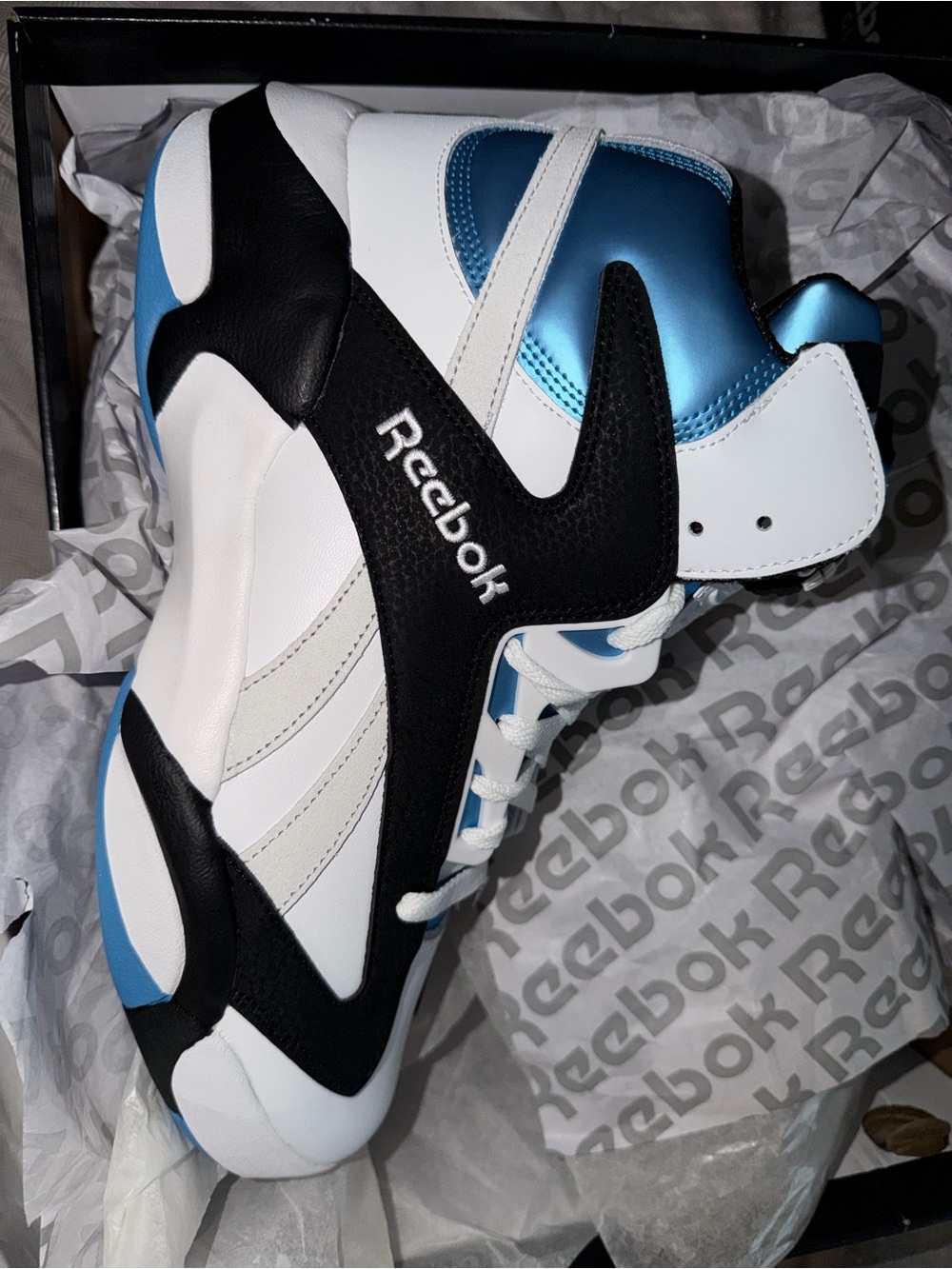 Reebok Shaq White Black Metallic Blue Mid-Top Athletic Sneaker